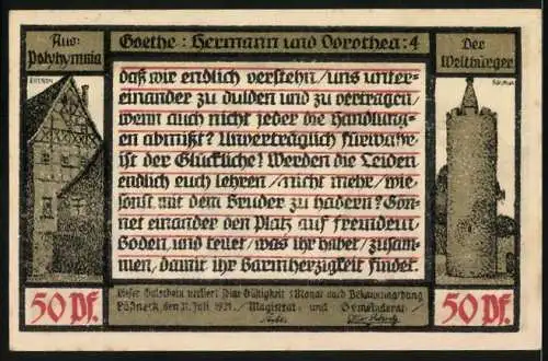 Notgeld Pössneck 1921, 50 Pfennig, Menschenmenge und Zitate von Goethe, Pössnecker Gebäude und Der Weltbürger Turm