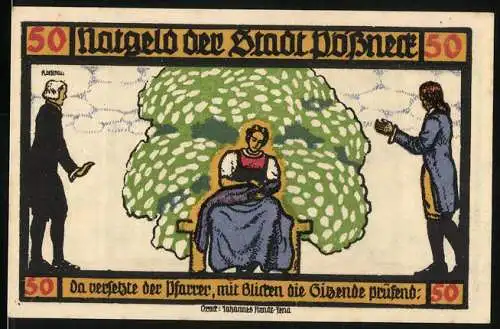 Notgeld Pössneck, 1921, 50 Pfennig, Szene mit Pfarrer und Goethe-Zitat, Stadtansicht im Hintergrund