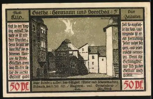 Notgeld Pössneck, 1921, 50 Pfennig, Szene mit Pfarrer und Goethe-Zitat, Stadtansicht im Hintergrund