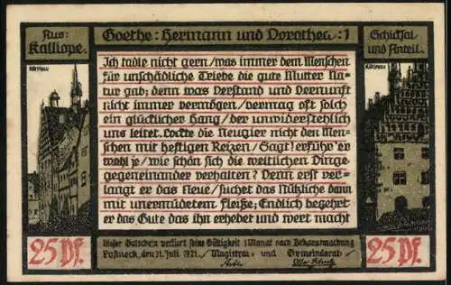 Notgeld Pössneck, 1921, 25 Pfennig, Goethe Hermann und Dorothea, Stadtansichten und Personen