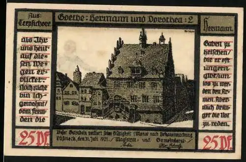 Notgeld Pössneck 1921, 25 Pfennig, Goethe: Hermann und Dorothea, historische Gebäude und Bauernpaar mit Tieren