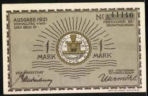 Notgeld Plön, 1921, 1 Mark, Landschaft mit Plön und Segelbooten, Rückseite mit Stadtwappen und Signaturen