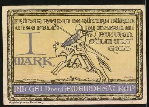 Notgeld Satrup, 1921, 1 Mark, Vorderseite mit Wappen, Rückseite mit Ritter auf Pferd