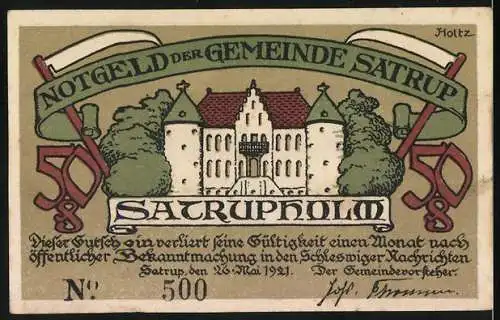 Notgeld Satrup, 1921, 50 Pfennig, Vorderseite mit Frauen in historischen Kleidern, Rückseite mit Abbildung von Satruper