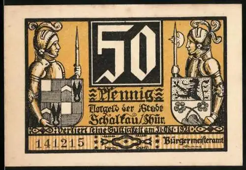 Notgeld Schalkau / Thüringen 1921, 50 Pfennig, Ritter mit Wappen, Burg von Schaumberg