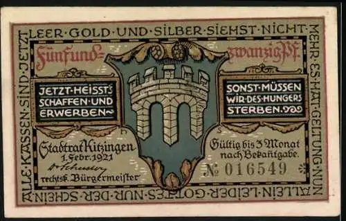 Notgeld Kitzingen, 1921, 25 Pfennig, Weinbauer mit Fass und Stadtwappen, Gültig bis 3 Monate nach Bekanntgabe