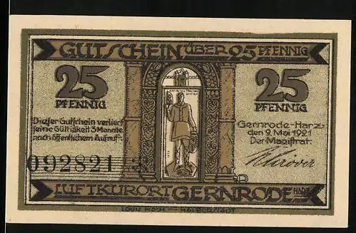 Notgeld Gernrode 1921, 25 Pfennig, Illustration von einem Ritter und der Stiftskirche