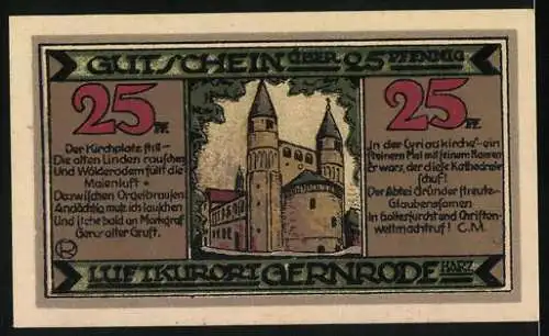 Notgeld Gernrode 1921, 25 Pfennig, Illustration von einem Ritter und der Stiftskirche