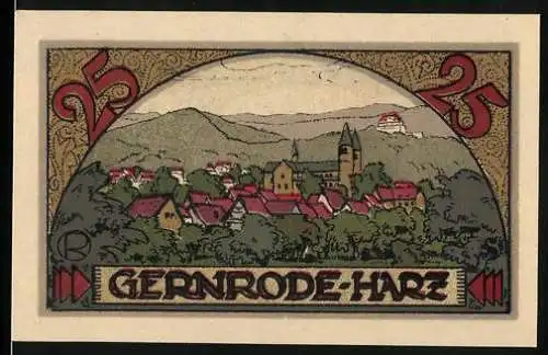 Notgeld Gernrode - Harz, 1921, 25 Pfennig, Stadtansicht und Landschaftsszene