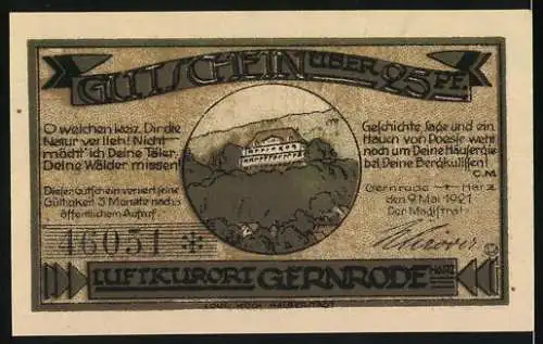 Notgeld Gernrode - Harz, 1921, 25 Pfennig, Stadtansicht und Landschaftsszene