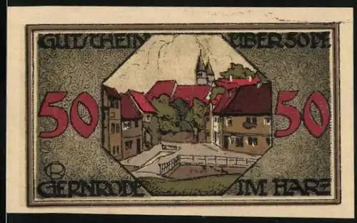 Notgeld Gernrode 1921, 50 Pfennig, Landschaftsansicht und Gedicht auf Rückseite