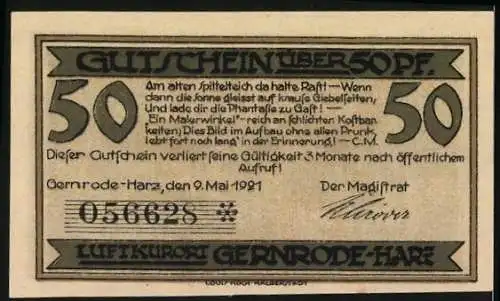 Notgeld Gernrode 1921, 50 Pfennig, Landschaftsansicht und Gedicht auf Rückseite