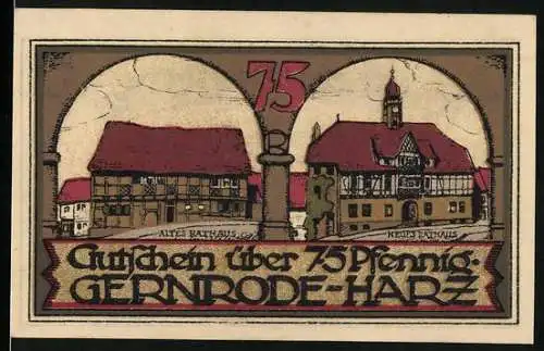Notgeld Gernrode - Harz, 1921, 75 Pfennig, Altes und Neues Rathaus, Luftkurort Gernrode Harz, Seriennummer 096388