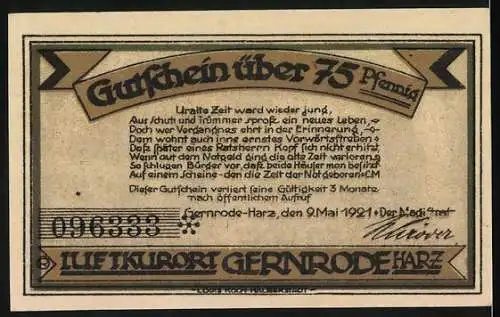 Notgeld Gernrode - Harz, 1921, 75 Pfennig, Altes und Neues Rathaus, Luftkurort Gernrode Harz, Seriennummer 096388