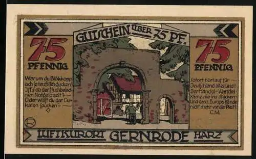 Notgeld Gernrode Harz, 1921, 75 Pfennig, Gutschein mit mittelalterlichem Torbogen und St. Cyriakikirche