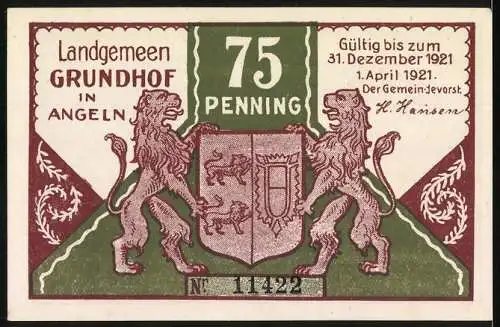 Notgeld Grundhof 1921, 75 Penning, Landschaftsszene und Wappen mit Löwen