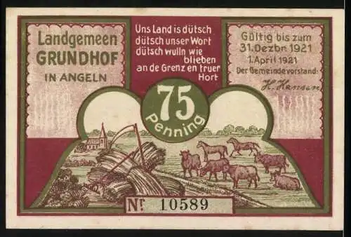 Notgeld Grundhof, 1921, 75 Penning, Gut Lundsgaard und ländliche Szene mit Tieren