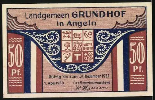 Notgeld Grundhof, 1920, 50 Pf, Kirche Grundhof und Text in friesischer Sprache, Gültig bis 31. Dezember 1921