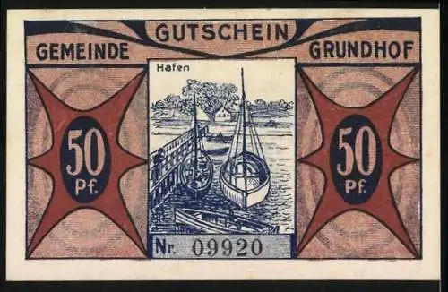 Notgeld Grundhof, Angeln, 1920, 50 Pf, Bäume und Hafenmotiv, gültig bis 31. Dezember 1921