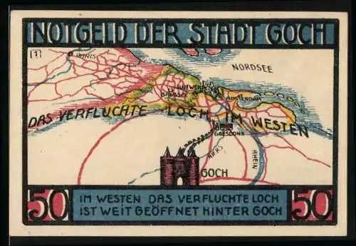 Notgeld Goch 1922, 50 Pfennig, Vorderseite Landkarte mit Text und Rückseite Steintor in Goch