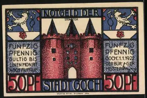 Notgeld Goch 1922, 50 Pfennig, Vorderseite Landkarte mit Text und Rückseite Steintor in Goch