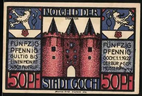 Notgeld Goch, 1922, 50 Pfennig, Stein Tor mit Löwen und Schmuggler im Dickicht