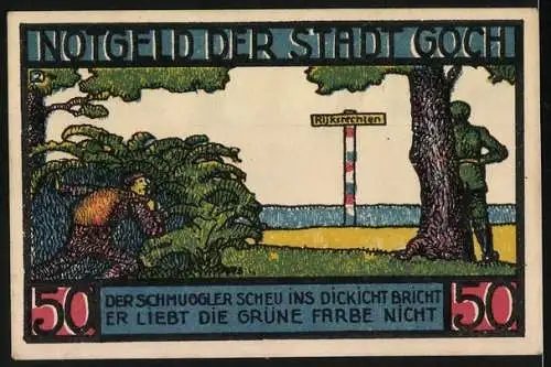 Notgeld Goch, 1922, 50 Pfennig, Stein Tor mit Löwen und Schmuggler im Dickicht