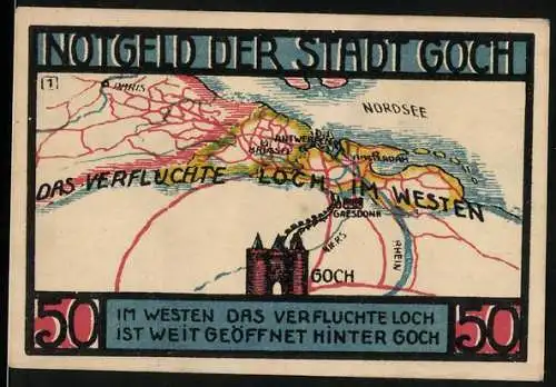 Notgeld Goch, 1921, 50 Pfennig, Karte mit Stadtansicht und Tor, gültig bis 1.1.1922