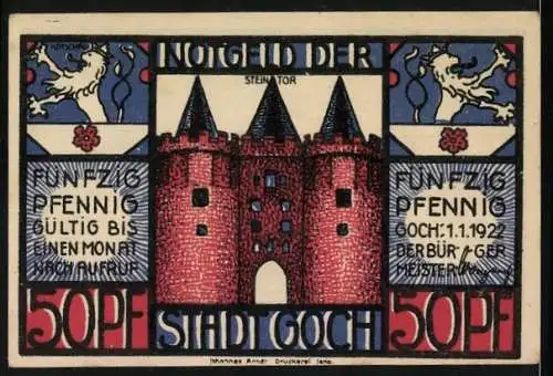 Notgeld Goch, 1921, 50 Pfennig, Karte mit Stadtansicht und Tor, gültig bis 1.1.1922