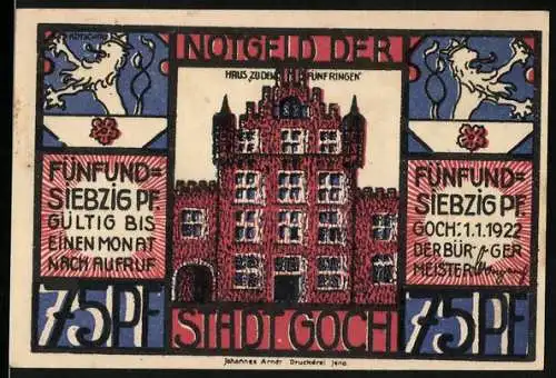 Notgeld Goch, 1922, 75 Pf, Rathaus und Schmuggler an der Grenze zu Holland, gültig bis einen Monat nach Aufruf