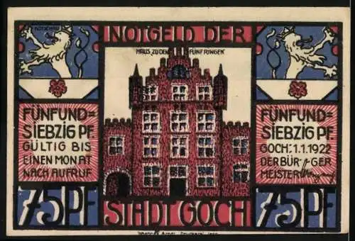 Notgeld Goch, 1922, 75 Pf, Schmuggler und Zollbeamter, Rathaus, gültig für einen Monat nach Aufruf