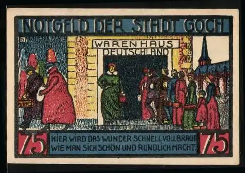 Notgeld Goch, 1922, 75 Pfennig, Warenhaus Deutschland und Haus zu den Fünf Ringen