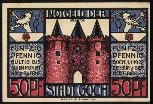 Notgeld Goch 1922, 50 Pfennig, Schmuggler und Steintor Design