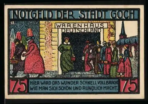 Notgeld Goch, 1922, 75 Pfennig, Warenhaus Deutschland und Rathaus zu den Fünf Ringen