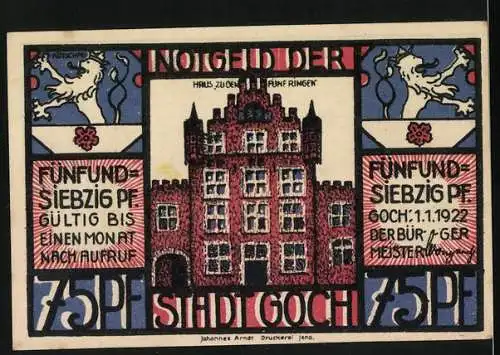 Notgeld Goch, 1922, 75 Pfennig, Warenhaus Deutschland und Rathaus zu den Fünf Ringen