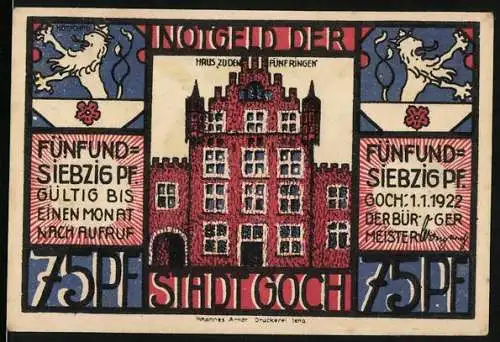 Notgeld Goch, 1922, 75 Pf, Burg und Szene mit Menschen, Gültig bis einen Monat nach Aufruf