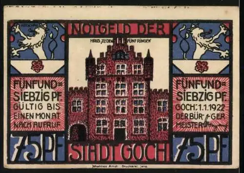 Notgeld Goch, 1922, 75 Pfennig, Holländer kommen in Scharen, Haus zu den Fünf Ringen