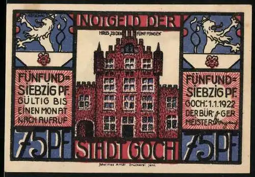 Notgeld Goch, 1922, 75 Pf, Haus zu den Fünf Ringen und Szene mit Barbarendebatte