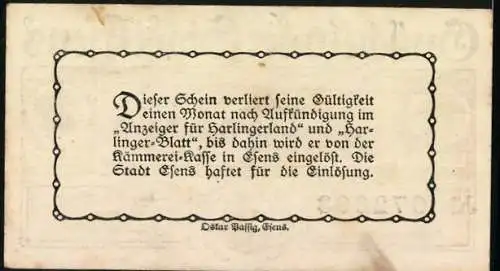 Notgeld Esens, 25 Pfennig, Gutschein der Stadt Esens mit Stadtansicht, unterschrieben vom Magistrat