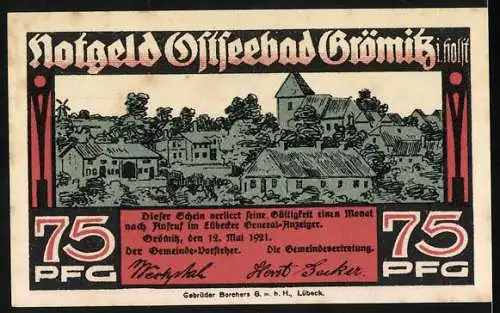 Notgeld Grömitz 1921, 75 Pfennig, mit Strandbild und Dorfansicht