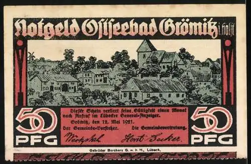 Notgeld Ostseebad Grömitz 1921, 50 Pfg, Strand- und Dorfszene, Gebrüder Borchers GmbH Lübeck