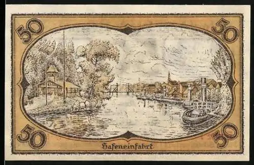 Notgeld Neusalz (Oder), 1921, 50 Pfennig, Hafenansicht und Stadtwappen