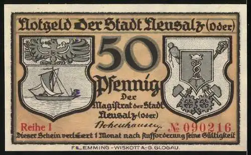 Notgeld Neusalz (Oder), 1921, 50 Pfennig, Hafenansicht und Stadtwappen