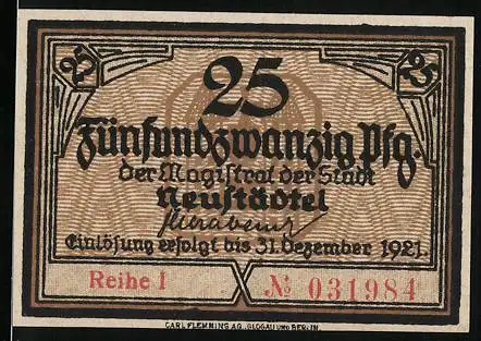 Notgeld Neustädtel 1921, 25 Pfennig, Aufdruck Stadtwappen und Einlösebedingungen