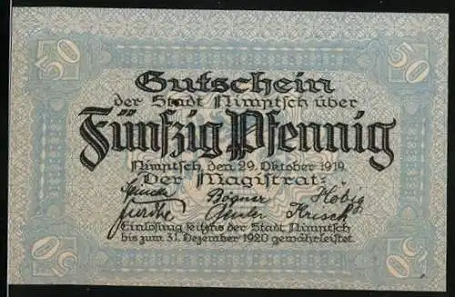 Notgeld Nimptsch 1919, 50 Pfennig, Gutschein mit Stadtwappen und Seriennummer 09681