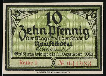 Notgeld Neustädtel, 1921, 10 Pfennig, Gültig bis 31. Dezember 1921, Serie I, Nr. 031983
