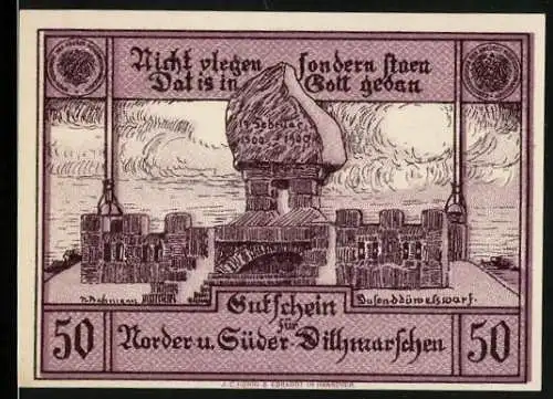Notgeld Norder - und Süder-Dithmarschen, 50 Pfennig, Gutschein mit Landschaft, Inschrift Nicht fleegen dat is mi... 