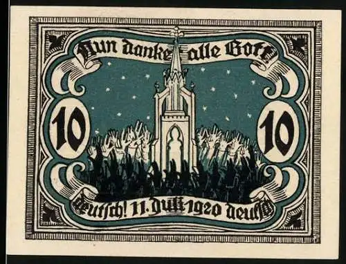 Notgeld Marienburg 1920, 10 Pfennig, Nun danket alle Gott mit Kirche und Menschenmenge