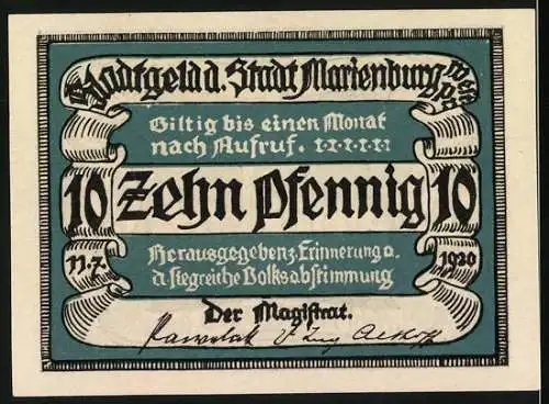 Notgeld Marienburg 1920, 10 Pfennig, Nun danket alle Gott mit Kirche und Menschenmenge