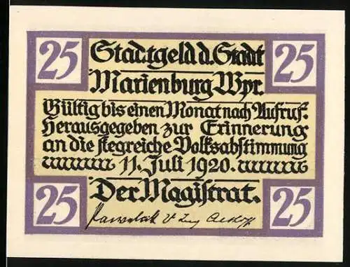 Notgeld Marienburg 1920, 25 Pfennig, Stadtgeld der Stadt Marienburg mit Volksabstimmungsmotiv